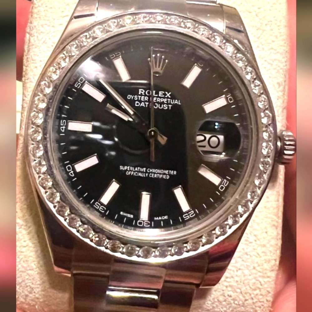 Rolex Datejust 41m Black Dial Oyster Band Custom Large Diamond Bezels 126300
